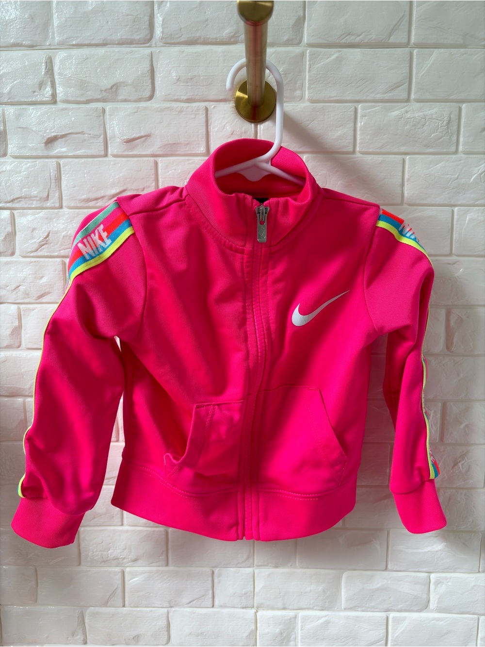 Nike Bright Pink Zip Track Jacket with Rainbow Shoulder Stripes